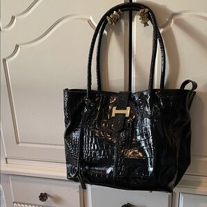 Vera Pelle Black Crocodile-Patterned Tote